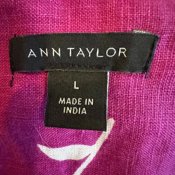 Ann Taylor Floral Linen Framed Popover Short Rolled Sleeve Pink Magenta Large - Picture 5 of 6